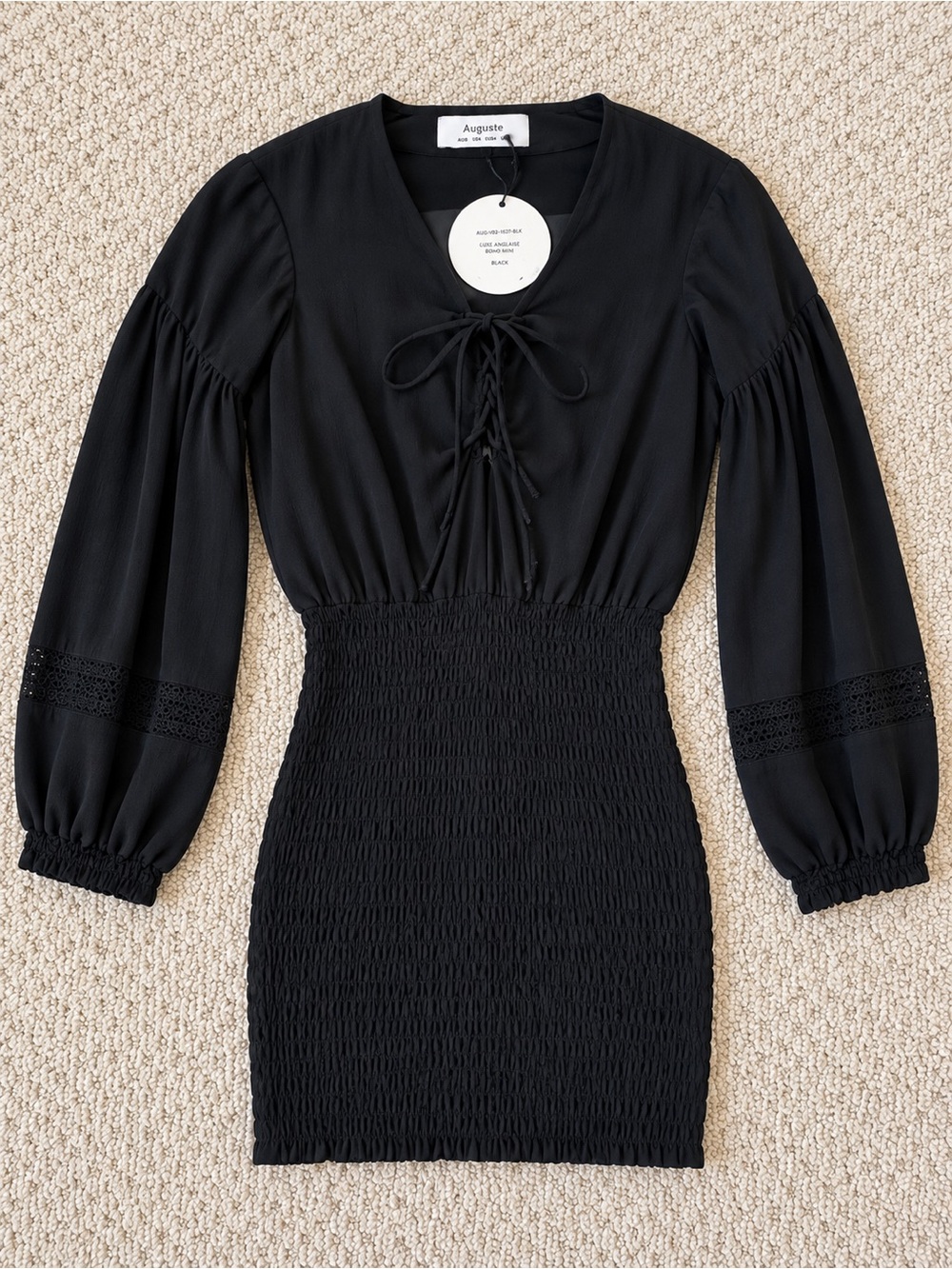 Auguste Luxe Anglaise Boho Mini Dress Black NWT US 4